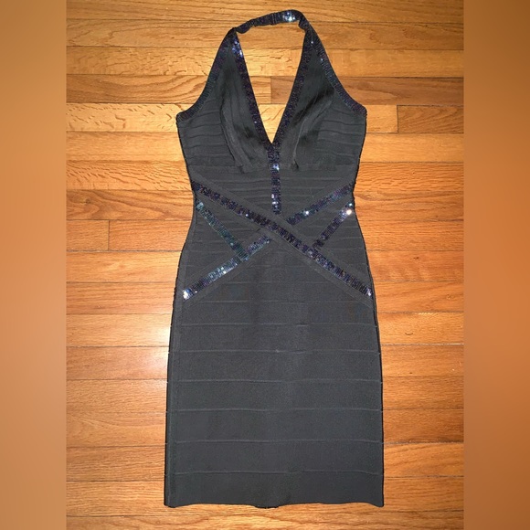 Herve Leger Kaitlyn Sequin Bandage Halter neck Mini Dress Army Green Small - Picture 4 of 7
